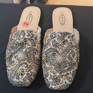 Beaded Embellished Slip-On Mules - Gold & Silver Accents